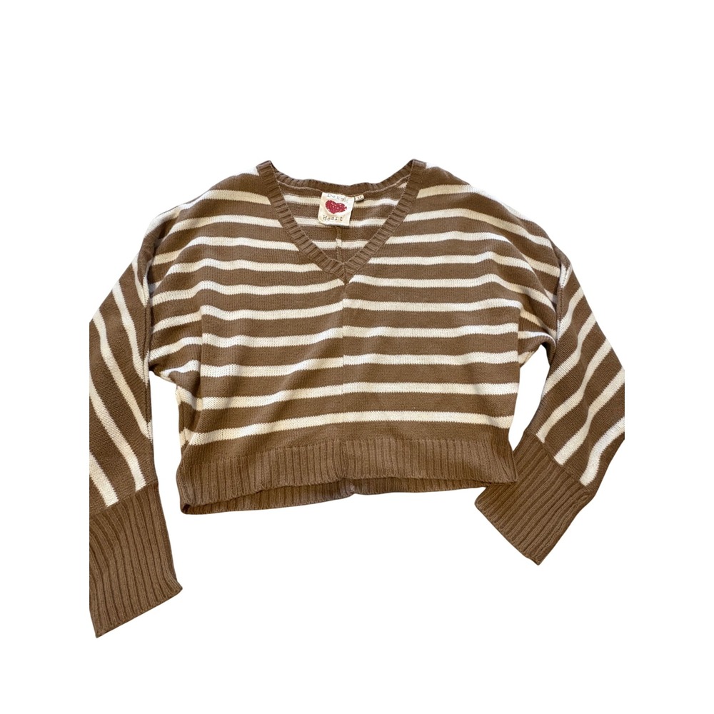 (CL) Derek Heart Brown White Striped V-Neck Cropped Dolman Sleeve Sweater Medium - Picture 2 of 6